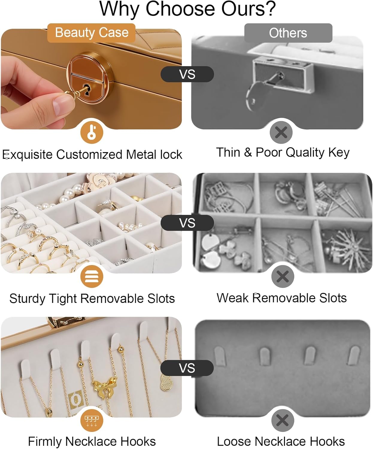 BEAUTY CASE Jewelry Box Organizer for Women Girls, 2 Layer Large Jewelry Storage Case, PU Leather Display Jewelry Holder with Removable Tray for Necklace Earrings Rings Bracelets,Brown - Image 8