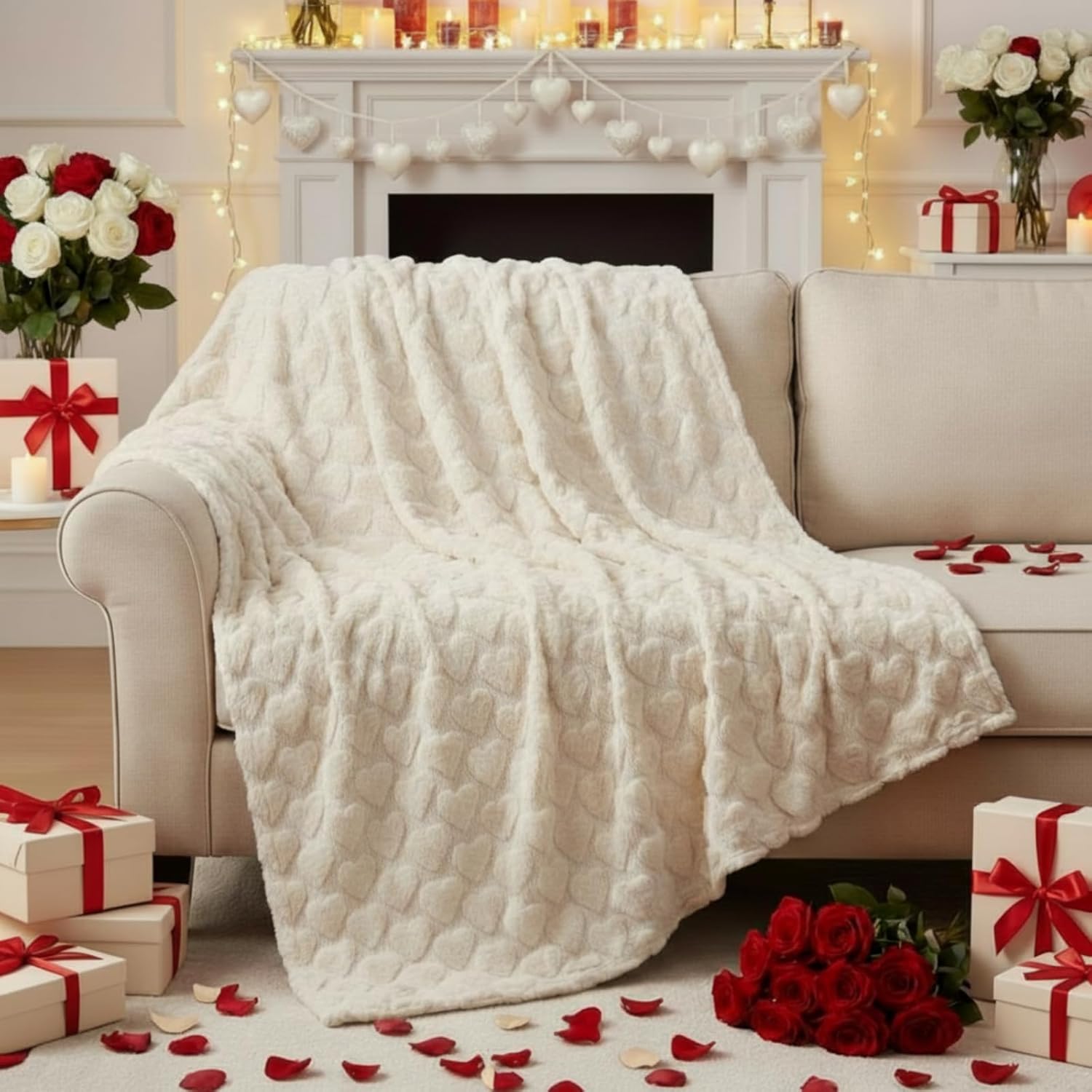 Moukeren Valentines Heart Throw Blanket 50”×60” - 3D Jacquard Heart Throw Blankets, Soft Cozy Romantic Valentines Gifts for Bed Couch Sofa Home Decor