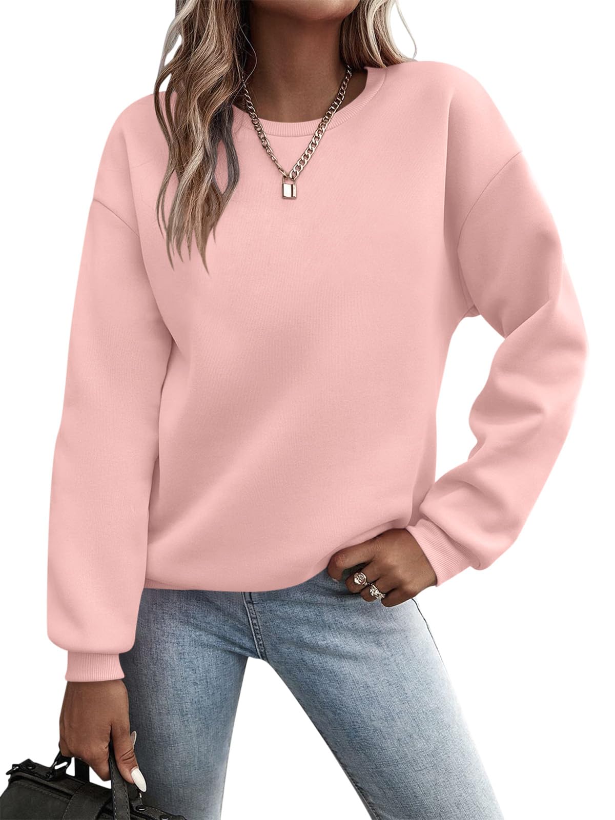 TICTICMIMI Damskie topy z długim rękawem Casual Color Block/Solid Cute Crewneck Bluzy Pulower Jesienne koszule