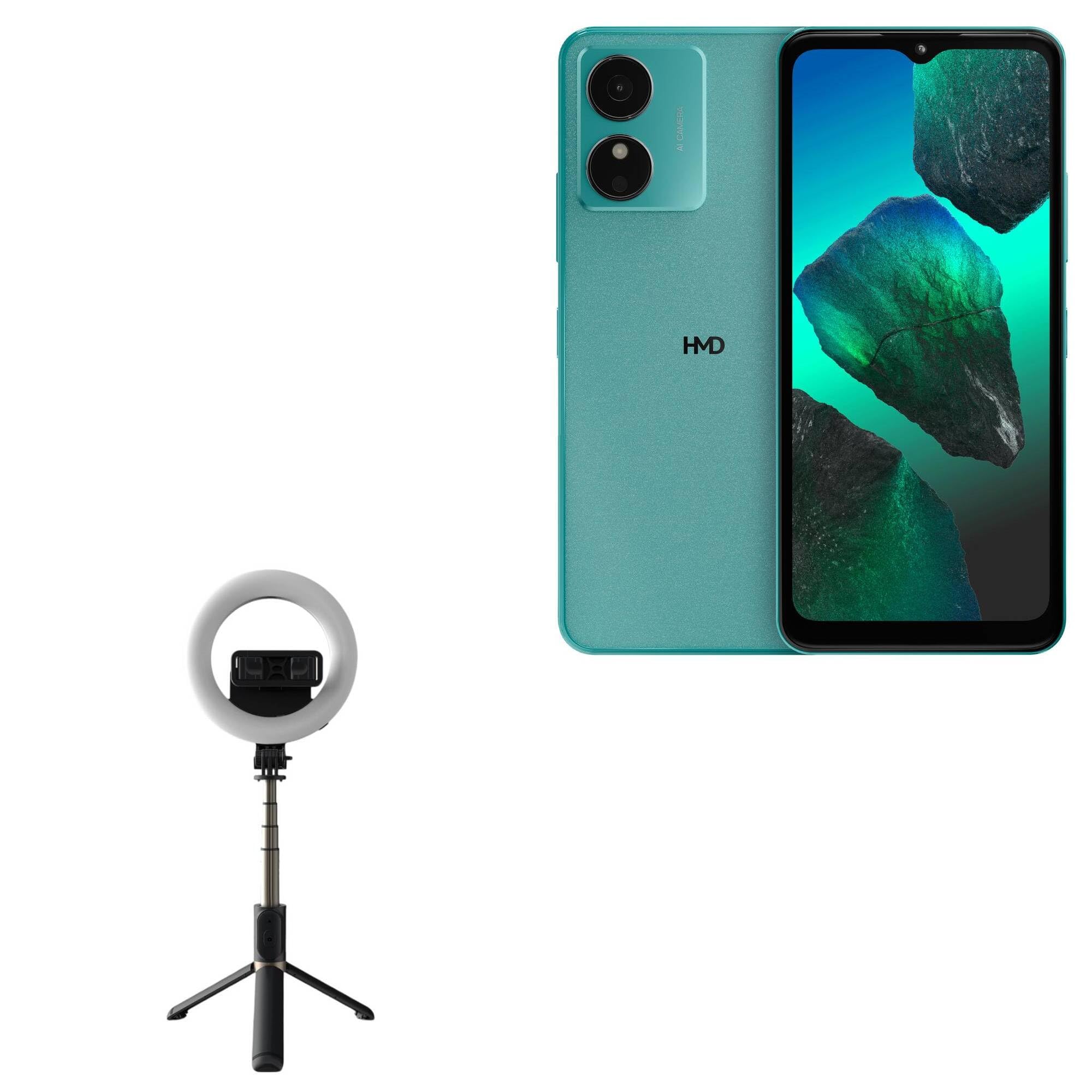 BoxWave Stand and Mount Compatible with HMD Aura2 - RingLight SelfiePod, Selfie Stick Extendable Arm with Ring Light - Jet Black