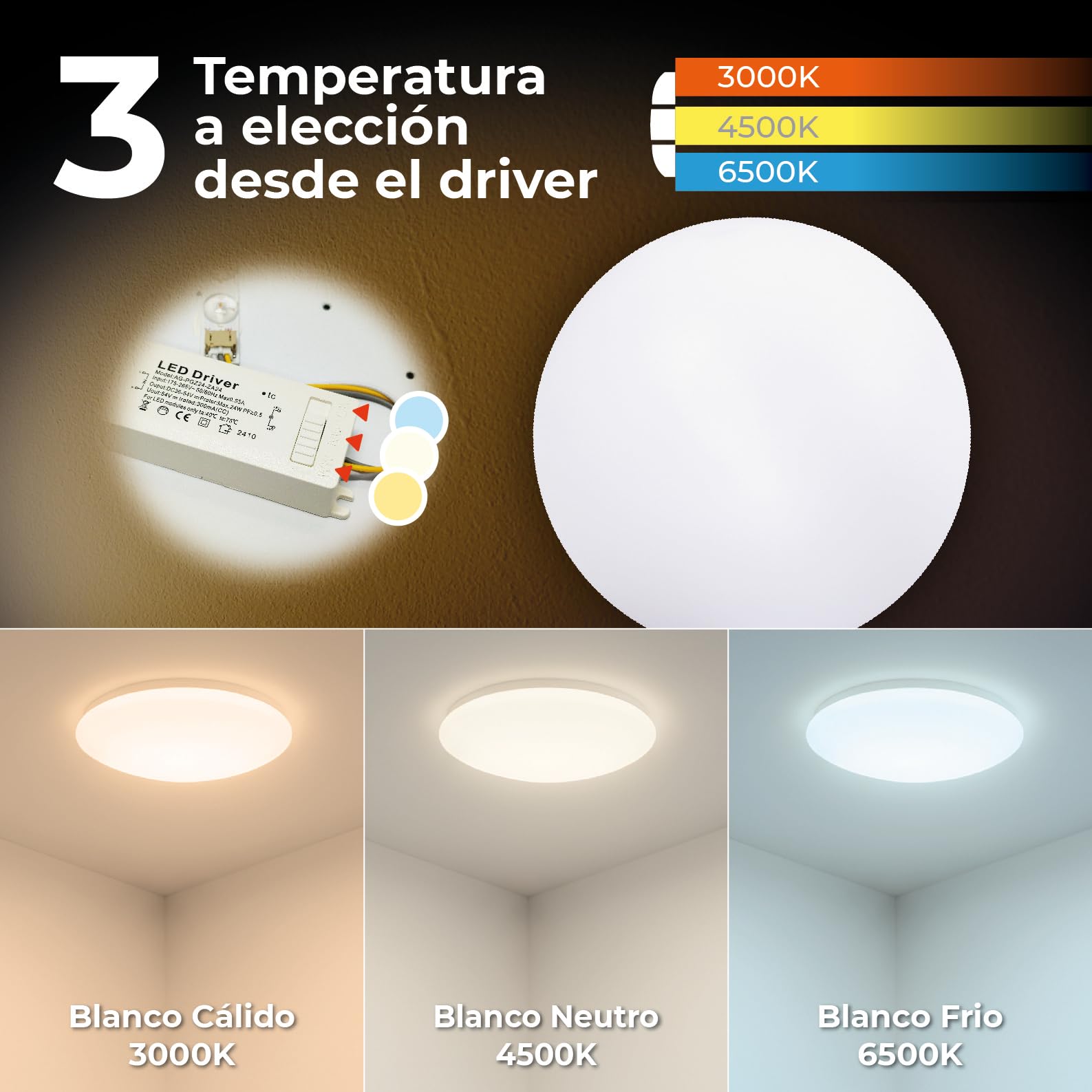 LED ATOMANT 4x Plafon LED Superficie 38cm 36W CCT 3000-6500K 3600lm Baño | Con Selector de color CCT, Driver incluido