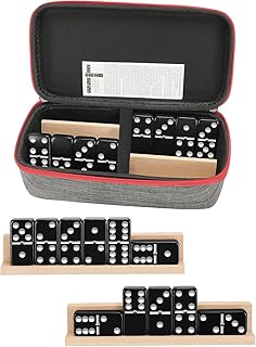 KAILE Jumbo Double 6 Dominoes Set for Adults - 28 Wooden Tiles with 4 Wooden Racks & Portable Travel Case,Family Board Game for Indoor/Outdoor, Casino Night, Parties (Dominos Set with Tile Holders)
