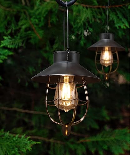Miniatura 1 de YAKii Paquete de 2 faroles solares colgantes impermeables de metal para exteriores con luz blanca cálida para decorar patio, jardín, camino, patio,