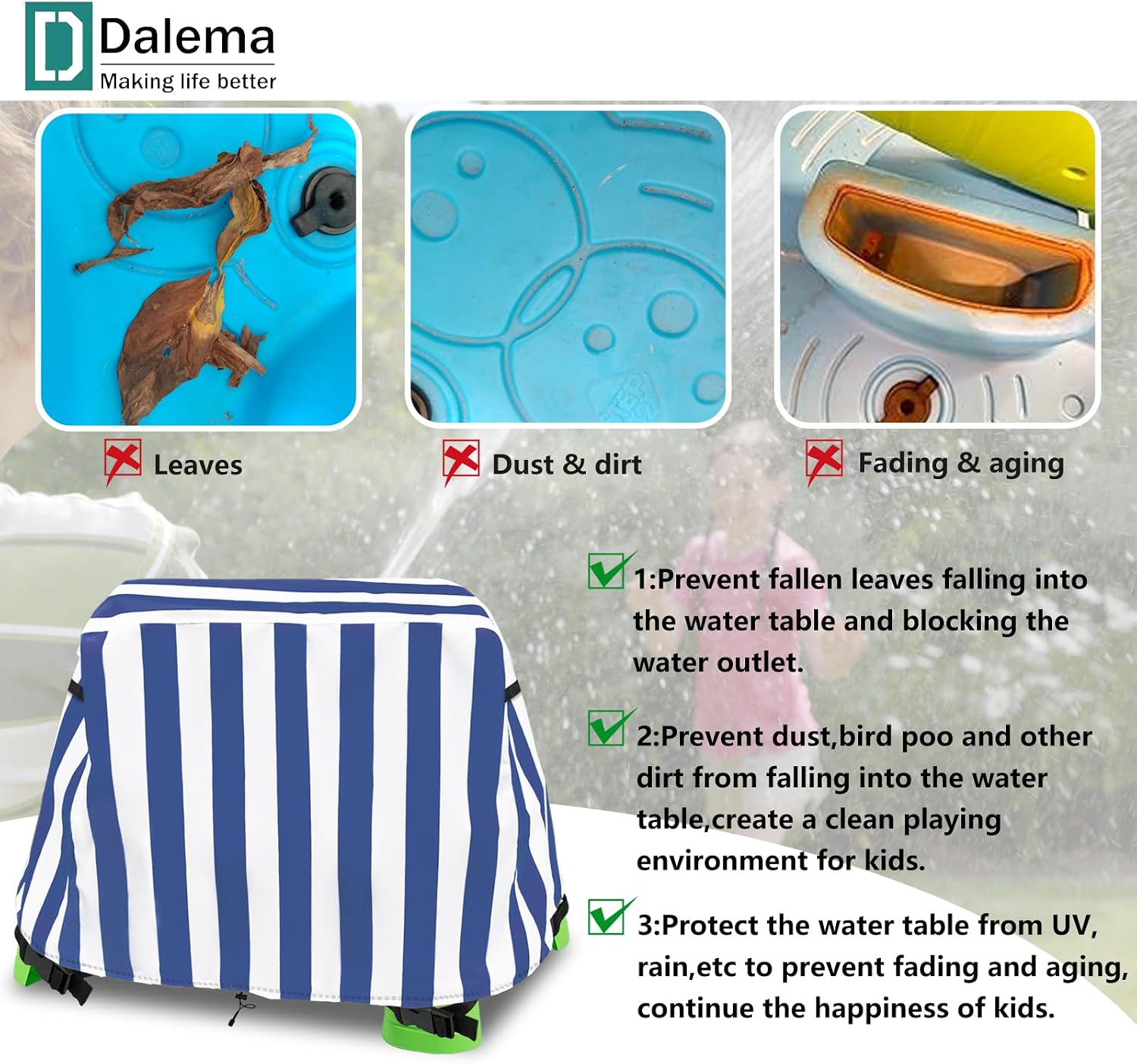 Kids Water Table Cover,Outdoor Heavy 600D Waterproof Anti-UV Dustproof Kids Water Play Table Cover,Compatible with Step2 Rain Showers Splash Pond Toddler Water Table,Blue Striped,Cover Only