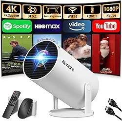 [Atualizado em 2026] Mini projetor suporta 4K 1080p FHD Auto Keystone Rotativo 270° com WiFi 6 e projetor Bluetooth 5.2, portátil, compatível com HDMI/TV Stick/Memory Stick/Laptop, branco