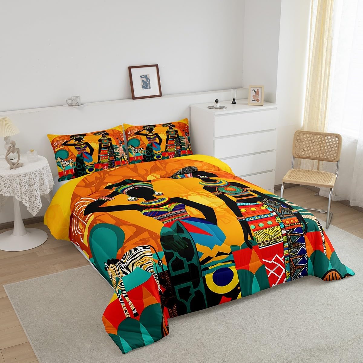 Feelyou Black Woman Queen Size Bedding Set Ethnic Afro African Comforter Traditional Exotic Comforter Set Tribal Quilted Duvet Set 2 Pillowcases