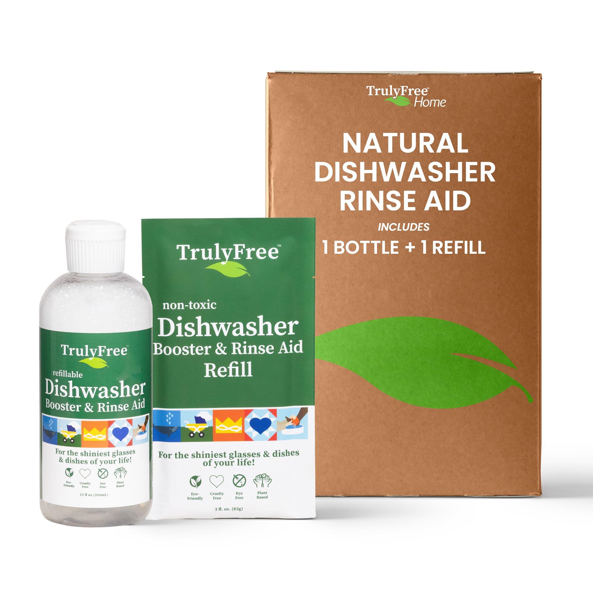 truly free natural dishwasher booster amp rinse aid - non-toxic dishwashing aid formula removes residue amp tough dish stains water spot remover - includes 1 reusable empty 12 oz bottle amp 1 refill