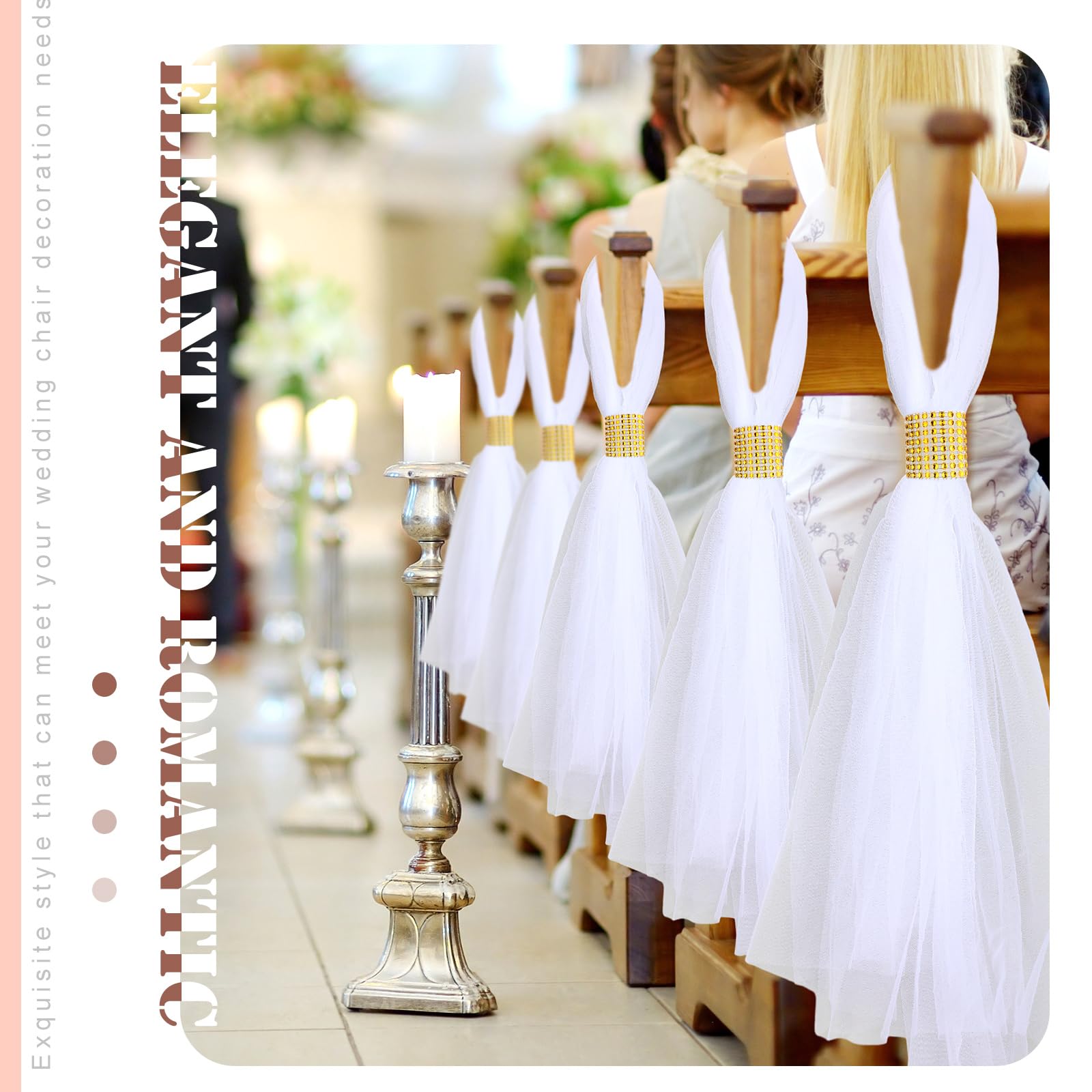 24 Fiocchi Decorativi Per Sedie Da Matrimonio In Tulle Oro Con Strass: Lunghi 80 Cm, Per Chiesa E Ricevimento