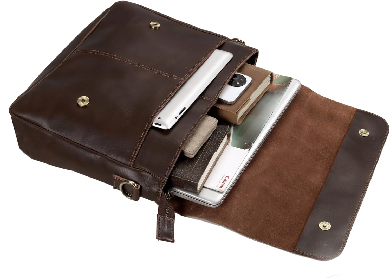 Unisex Brown Leather Messenger Bag - 14.5" x 11" x 4", Fits 15" Laptop, Pebbled Leather, Adjustable Strap, Ideal for Daily Use & Travel