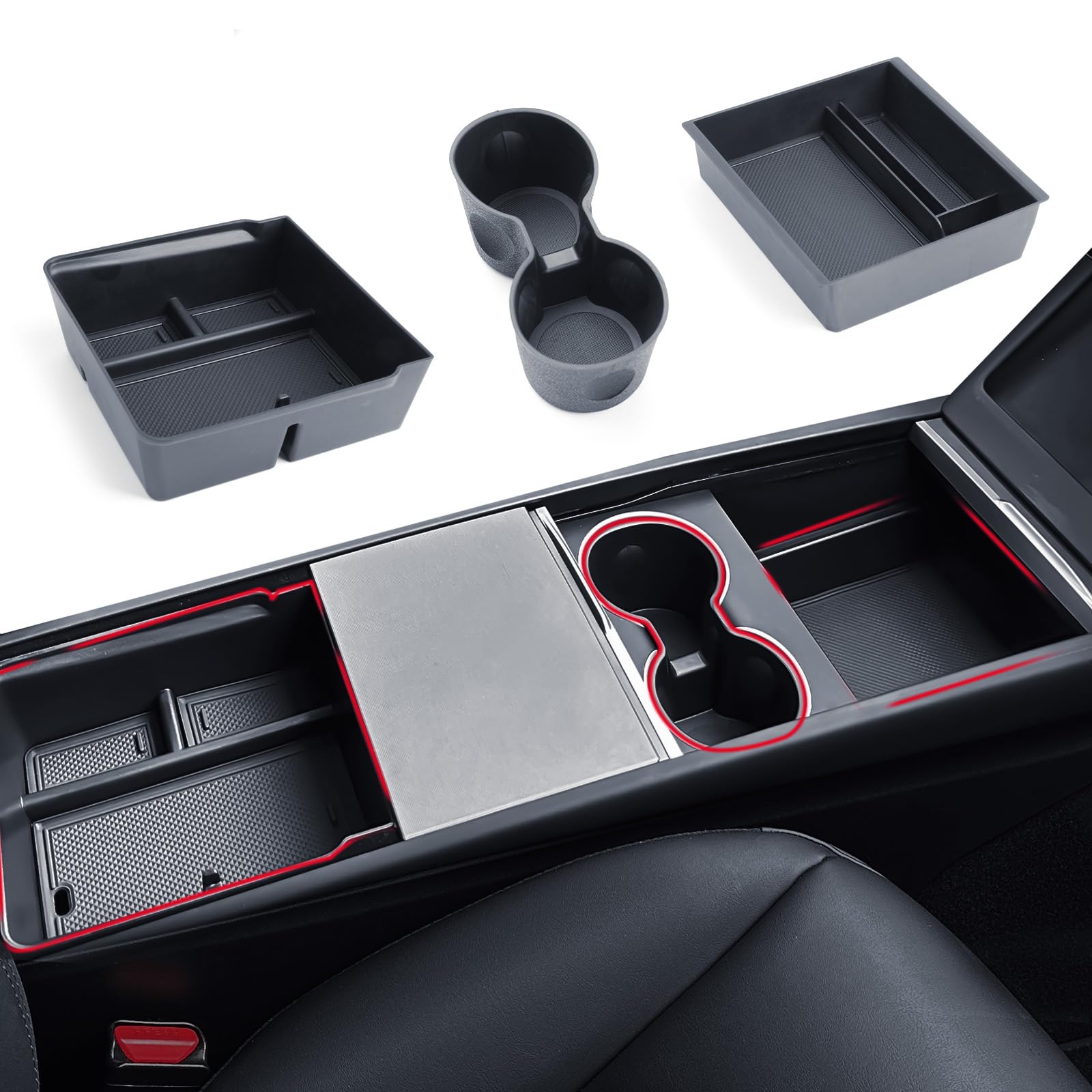3 pcs Organiseurs pour tes-la Model 3/Y 2024-2026 Accessoires, avec boîte de rangement pour console centrale, coques en silicone, accoudoirs, boîte cachée et porte-gobelet