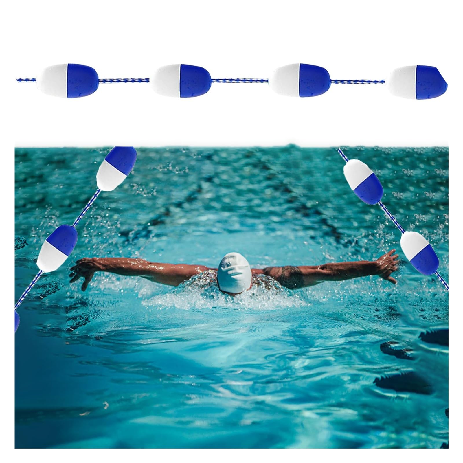 WOTZOV 33Ft-100Ft Pool Safety Float Divider Rope, High-Visibility Nylon Lane Markers With White & Blue Buoys, Perfect For Waterway Safety, Pool Separation, And Swim Training，100ft/30.5m