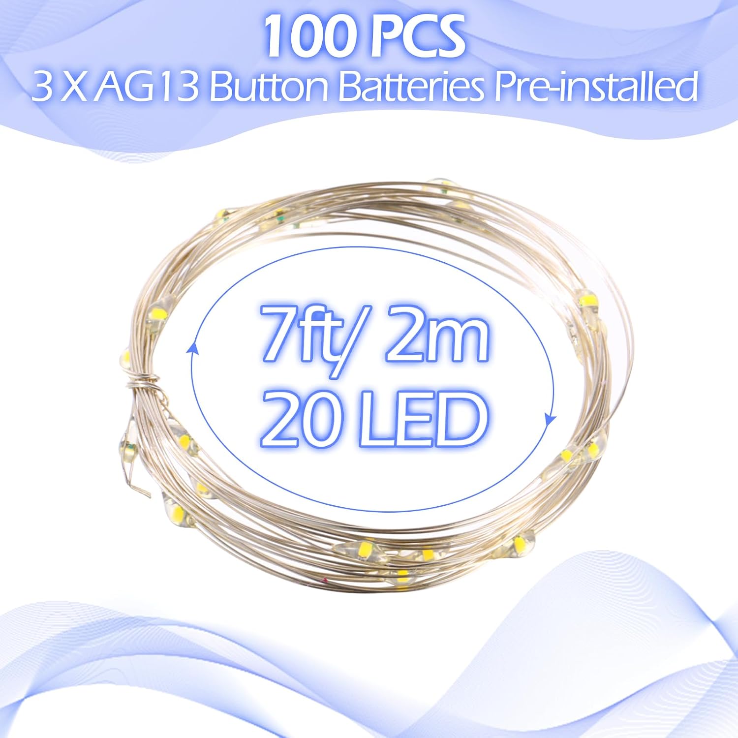 Hortsun 100 Packs Fairy Lights Battery Operated 3 Speed Modes, 7 Ft/ 2 M 20 LED Battery String Mini Waterproof Wire Twinkle Lights Bulk for Wedding Party Birthday Vases Decor (Cool White)