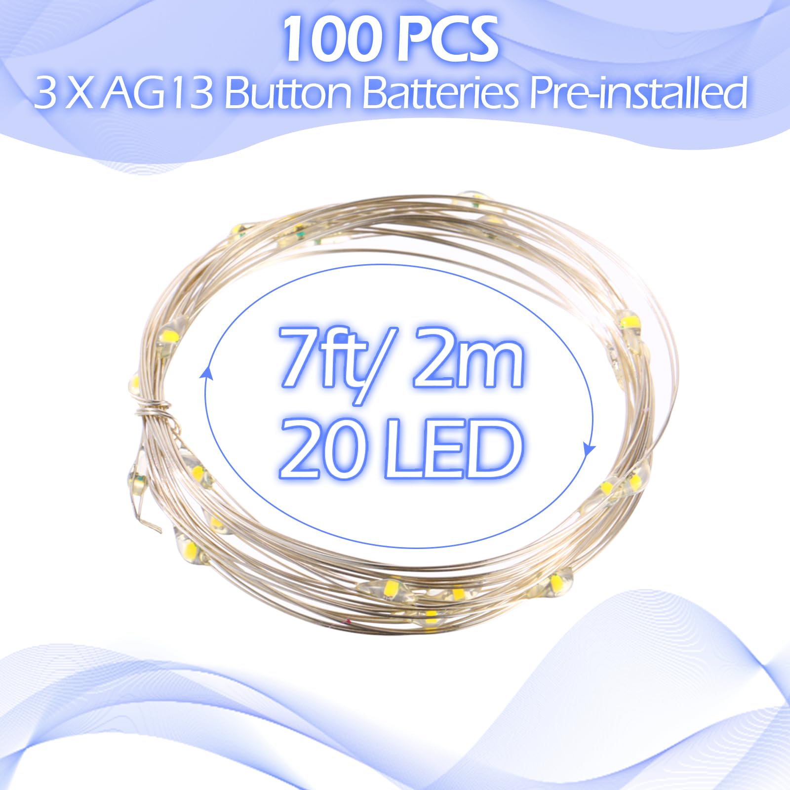Hortsun Confezione da 100 lucine a batteria, 3 modalità di velocità, 2 m, 20 LED, con mini filo impermeabile, luci scintillanti per feste, matrimoni, compleanni, vasi e decorazioni floreali (luce