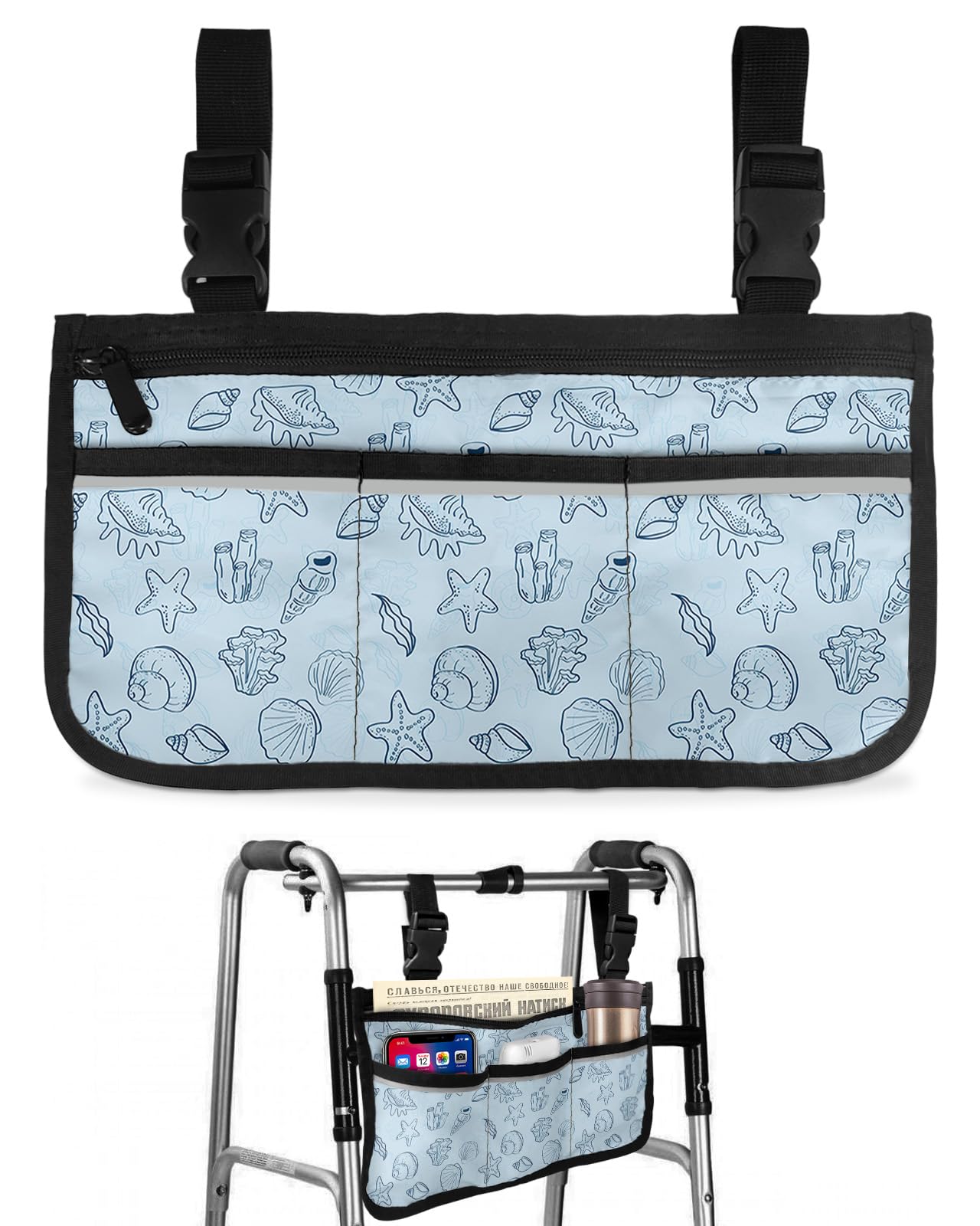 Ocean Coastal Wheelchair Side Bag Walker Bag, Starfish and Seashell Blue Marine Life Wheelchair Accessories Armrest Pouch, Organizer Storage Bag for Walkers, Rollators, Scooters, 7.3''x13''