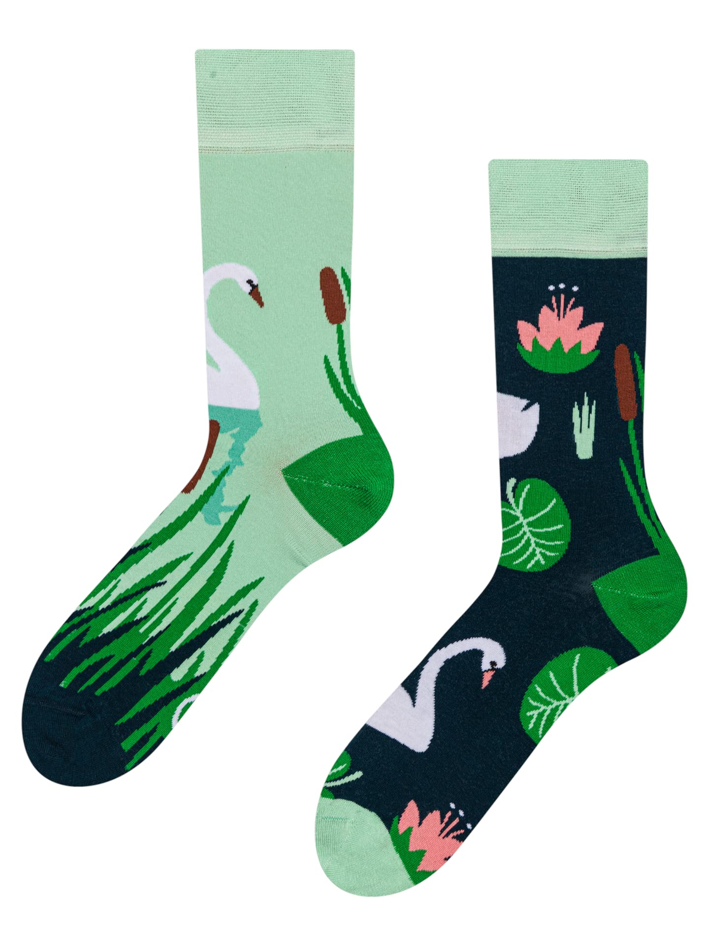 Dedoles Unisex Socks for Women, Men & Kids Cotton Funny Designs Football Bicycle Horses Plants Firefighter Gift Mismatched, Design: White Swans and Lotus, Colour: Green, Size: 3-5 M / 2-4,5 W UK