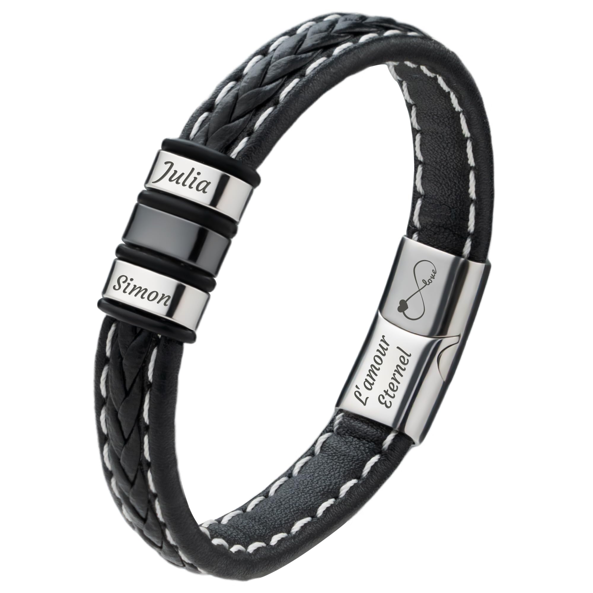 Easycosy Bracelet Homme Personnalisé- Cadeau Fete des Peres pour Papa Bracelet en Cuir avec Prénom ou Texte Gravé- Cadeau Unique pour Homme, Papa Papy Copain Mari Anniversaire Noël Fête des Pères