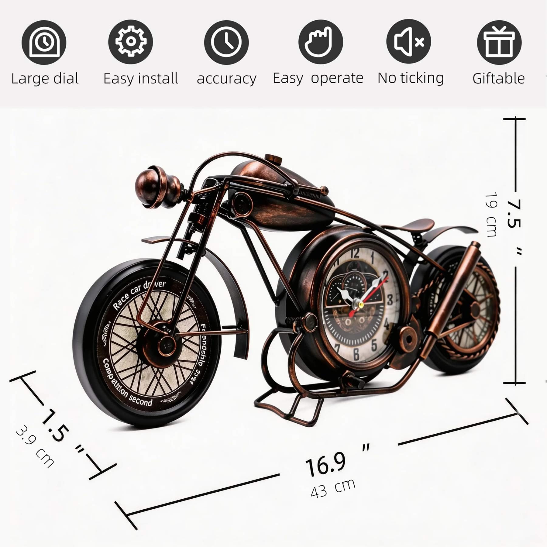 YOUKI Metalowy motocykl sztuka dekoracja ścienna zegar biurkowy nie tykający zasilany bateriami dom dekoracyjny pomysł na prezent, dekoracje ścienne do sypialni biura 43 x 4,5 x 19,5 cm, brąz