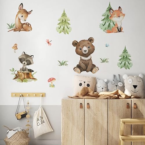 Miniatura 6 de Yovkky Calcomanías de pared de pino con diseño de oso del bosque ciervo zorro mapache decoración de habitación del bebé decoración del hogar