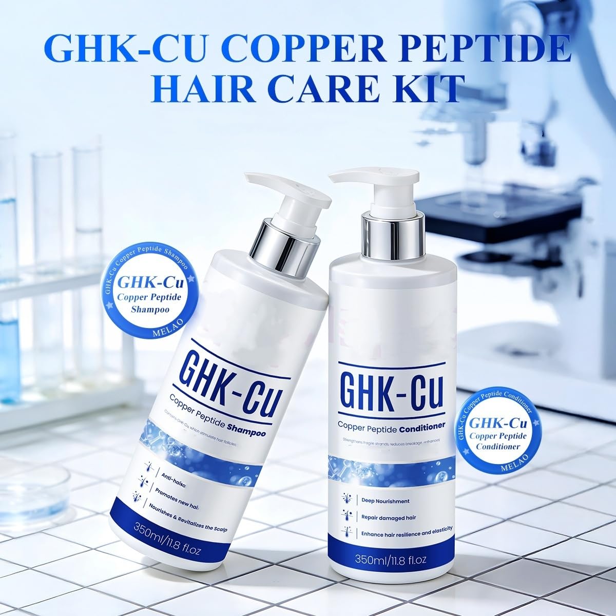 GHK-cu Copper Peptides Shampoo and Conditioner Set - Hair Care Copper Peptide for Dry Damaged Hair Keratin & Peptides for Split Ends & Breakage Sulfate Free Clean, Thickening & Hydrating