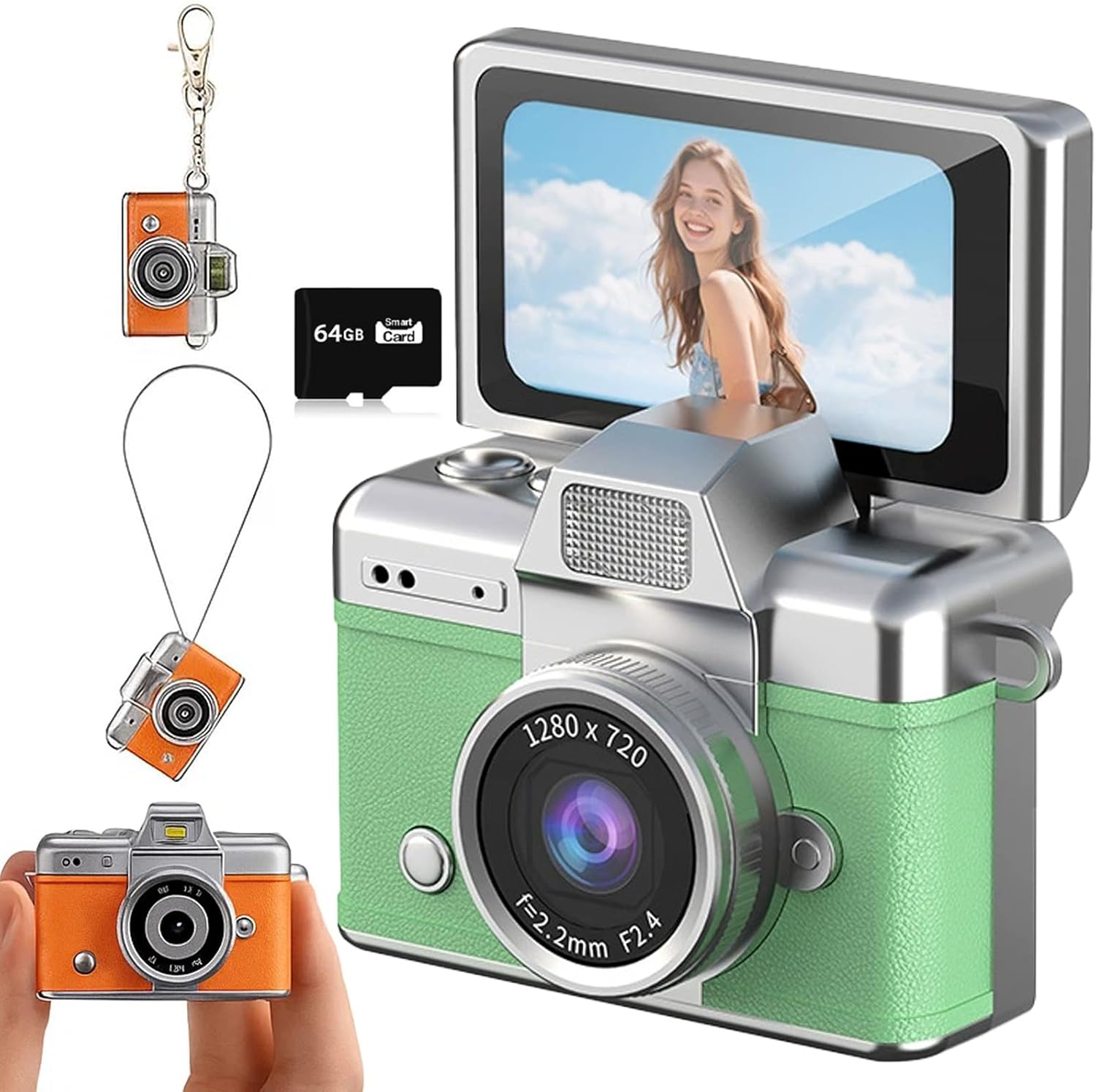 2026 New Mini Digital Camera with 1.47 in LCD Screen 1080P, Mini Keychain Retro Camera with 64GB Card - Flip Screen, Built-in Flash, Strap and Keychain - Ideal for Travel, Study, and Concerts (Green)