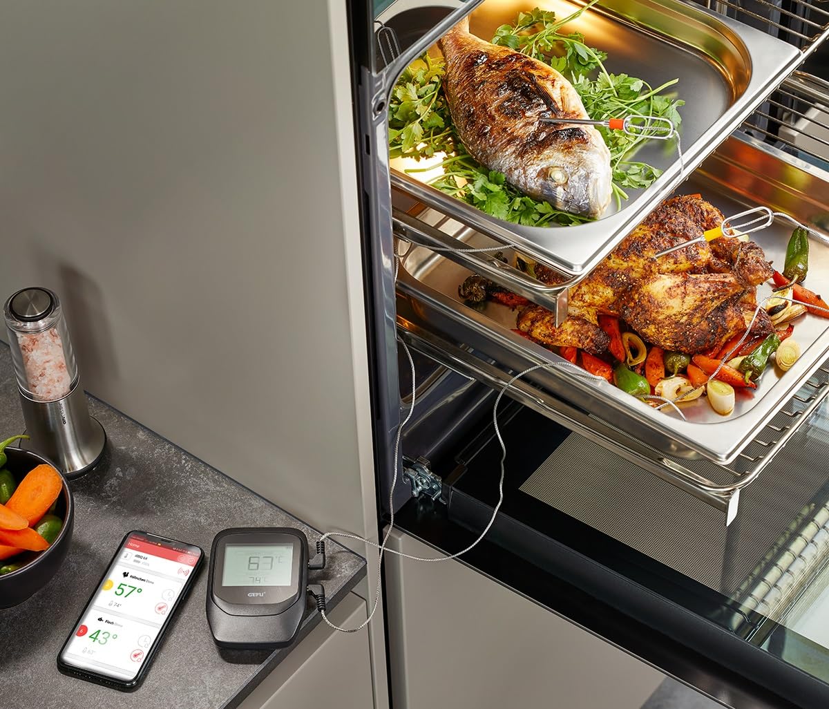 GEFU Bratenthermometer CONTROL+, 6-Kanal Bluetooth Grillthermometer & App | Digitales Funkthermometer mit 2 Sonden für Grill, Smoker und Ofen, Kerntemperaturmesser mit Magnet & 60m Reichweite