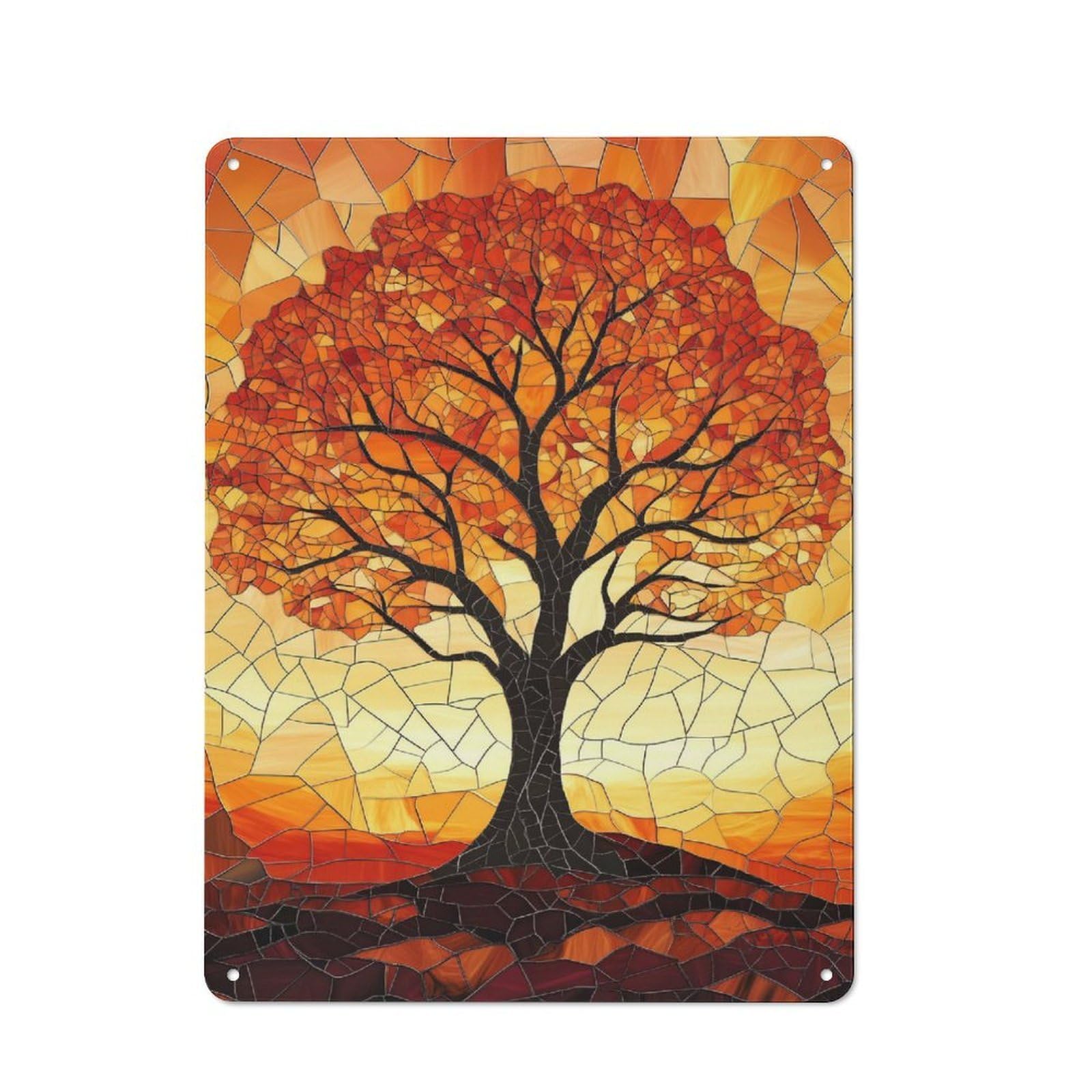 Junmoney Style-15 Mosaic Autumn Tree Rustic Metal Plaque 40X30cm For Living Room Or Hallway, For Garage, Workshop And Man Cave Decoration