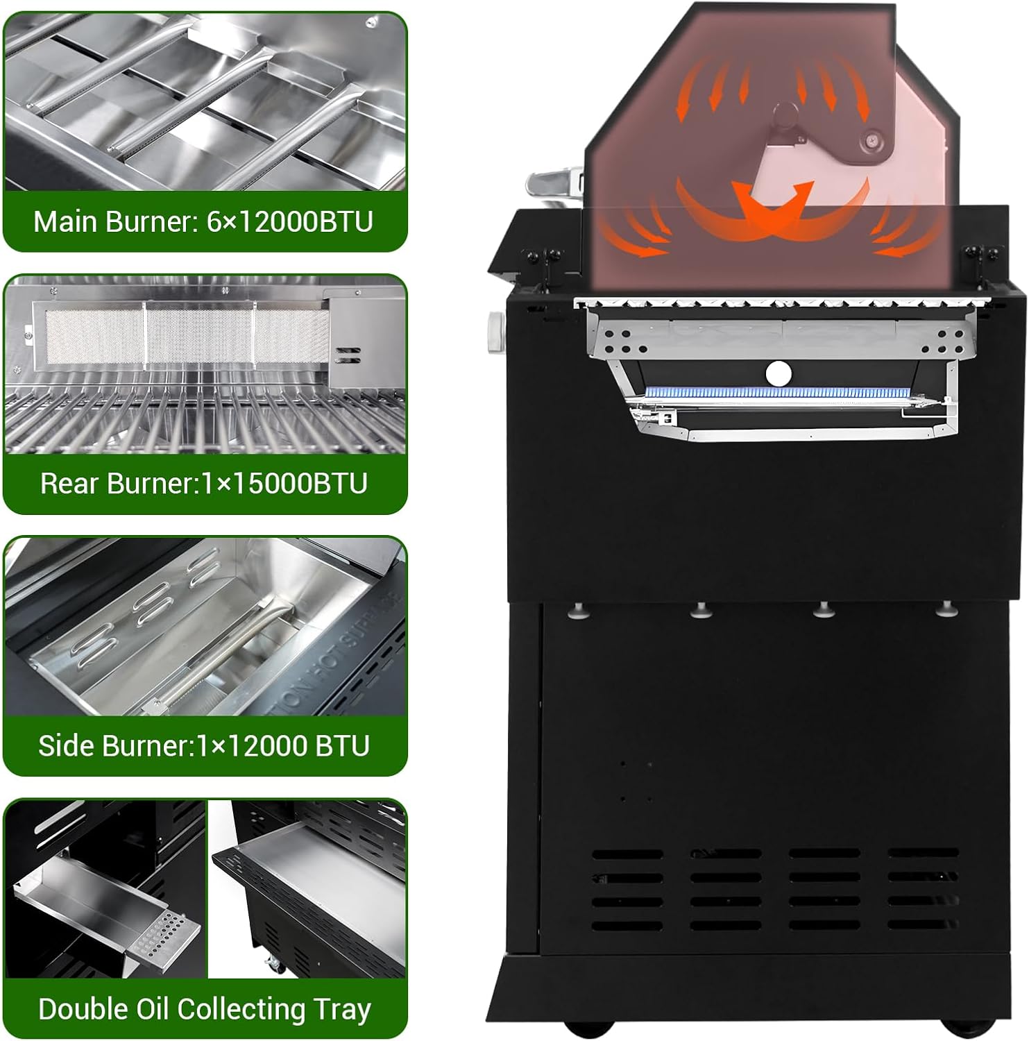 SINDA 6 Burners Gas Grill with Foldable Side Shelf, BBQ Outdoor Grill with 99000 BTUs Output, 3 Drawers for Backyard Barbecue Cooking & Barbecue Grilling，Black