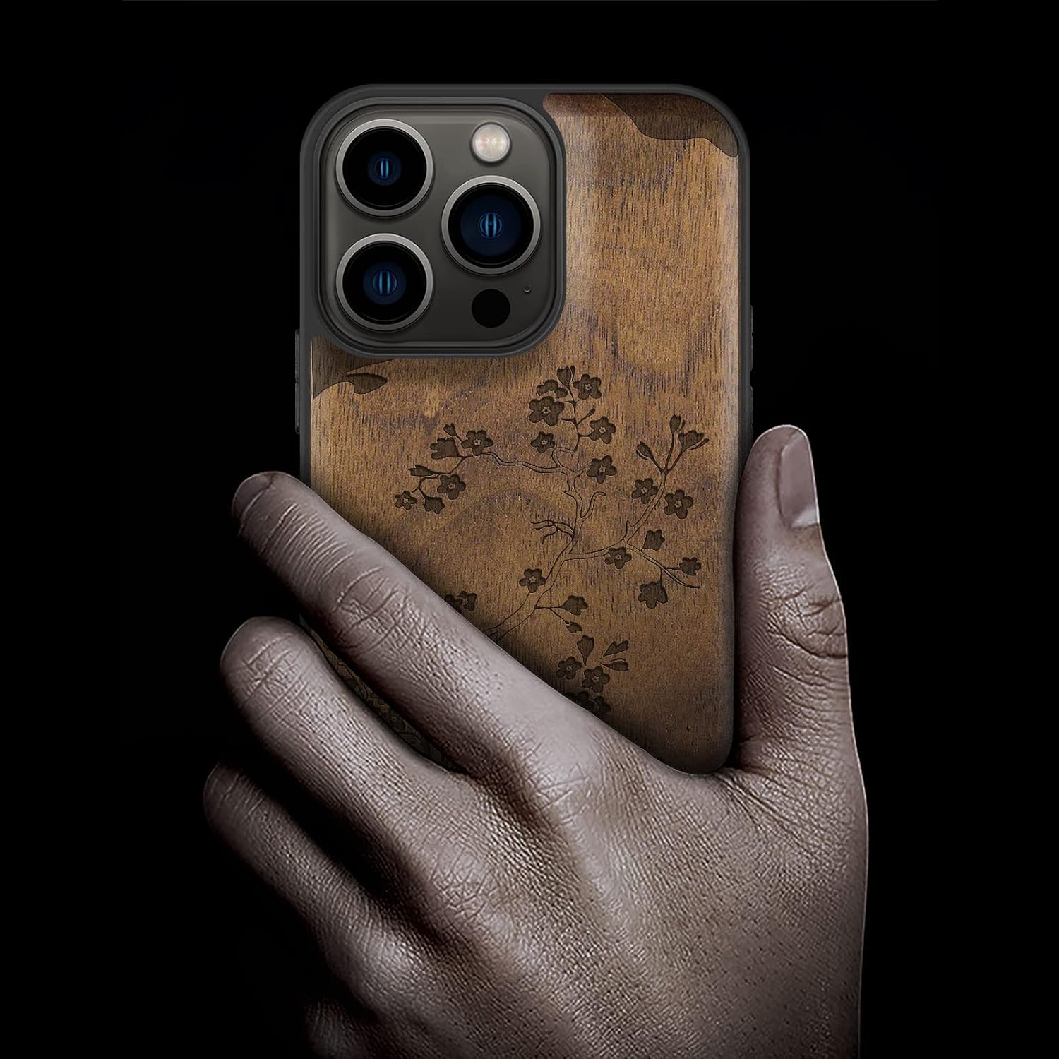 Carveit Magnetic Wood Case for iPhone 13 Pro Case [Natural Wood & Black Soft TPU] Unique Wooden Shockproof Protective Cover Compatible with magsafe (Cherry Blossom with Mount Fuji -Walnut)