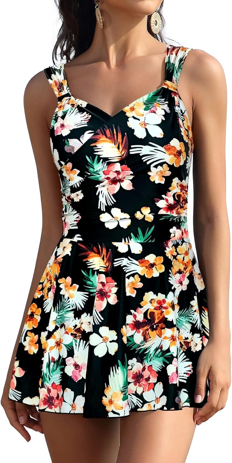 SHEKINI Womens Elegant One Piece Swimdress Tummy Control Crossover Skirted Swimsuit