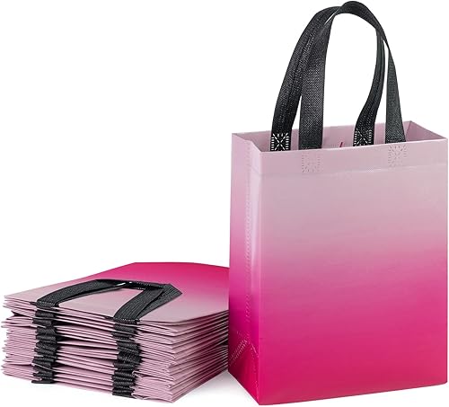 WRAPAHOLIC Paquete de 12 bolsas de regalo reutilizables color rosa degradado con asas, tamaño mediano de 8 x 4 x 10 pulgadas, perfectas para bolsas