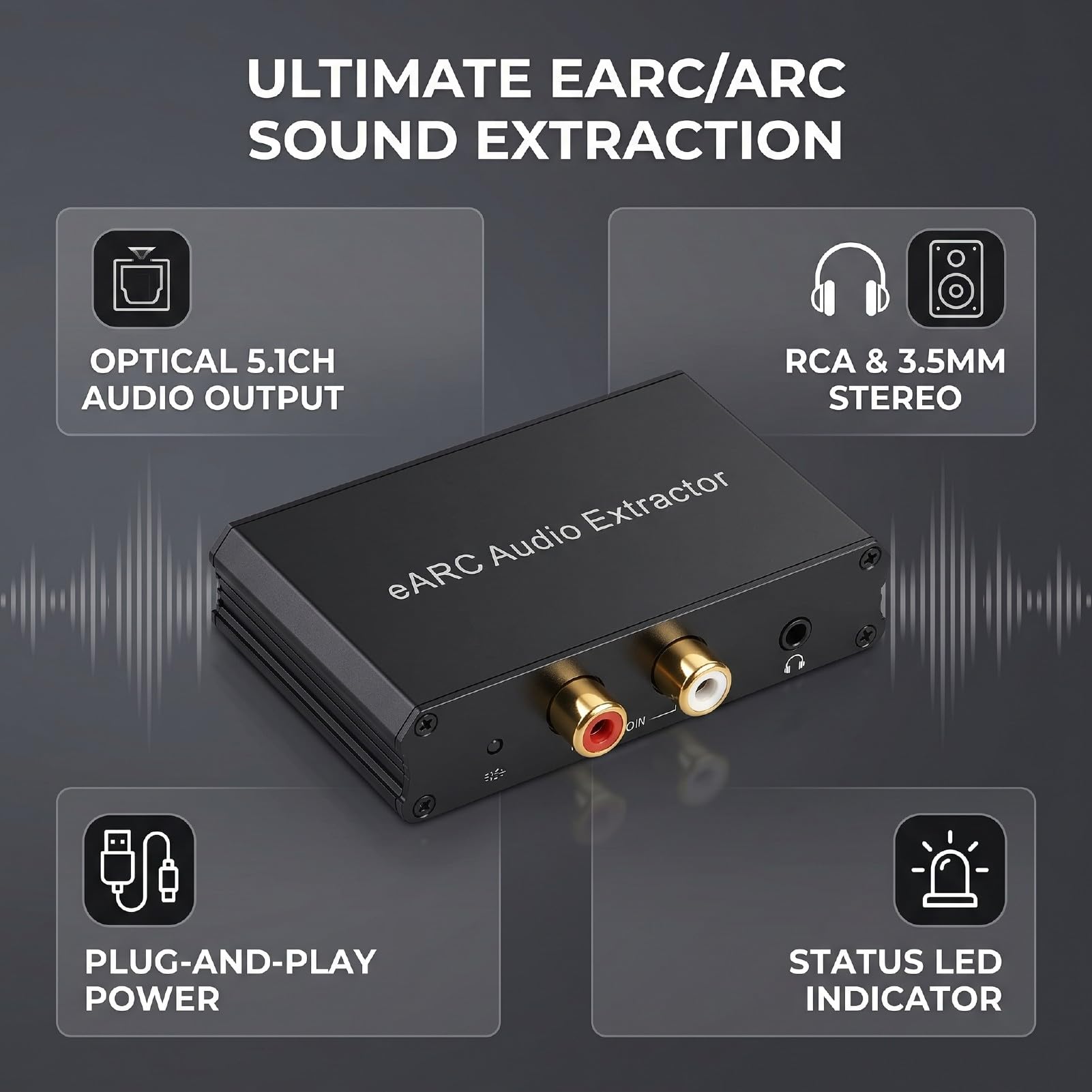 Tosuny Extractor de Canal de Retorno de Audio de 192 KHz, Adaptador de Audio HDMI a óptico y de 3,5 Mm, Convertidor Digital a Analógico con Alimentación USB para TV, Barra de Sonido y