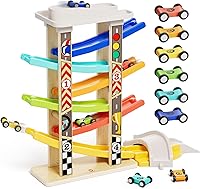 Vista 1 de TOP Bright Rampa de madera para autos de pista de carreras para niños pequeños de 1 a 3 años con 6 mini autos, 1 garaje para automóviles y puentes