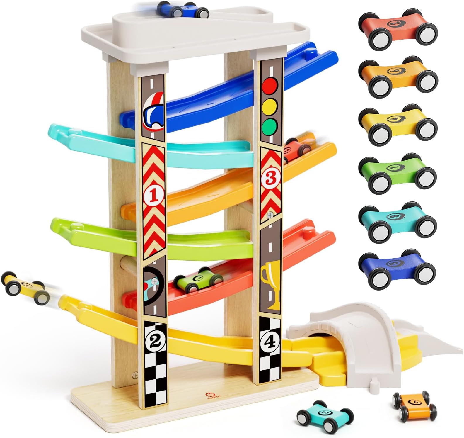 TOP Bright Wooden Race Track Car Ramp Toys for Toddlers 1-3 Years Old with 6 Mini Cars, 1 Car Garage & Extra Bridges, Toddler Montessori Toys for 1 Year Old Boys Girls Birthday