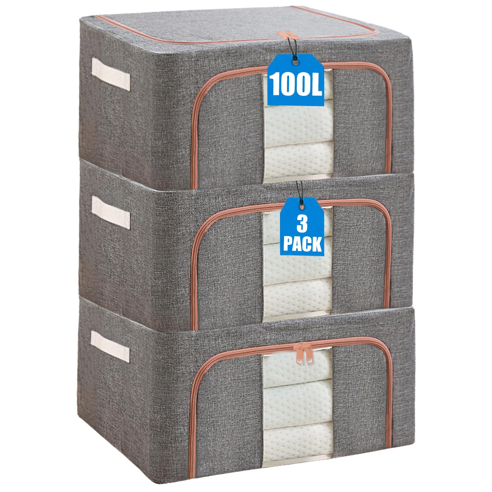 KXF 3 Packs Clothes Wardrobe Storage Organiser Boxes Waterproof Stackable Foldable Oxford Cloth Steel Frame Closet Clothing Storage Bag Clear Window & Carry Handles for Clothes Bedding Blankets 100L