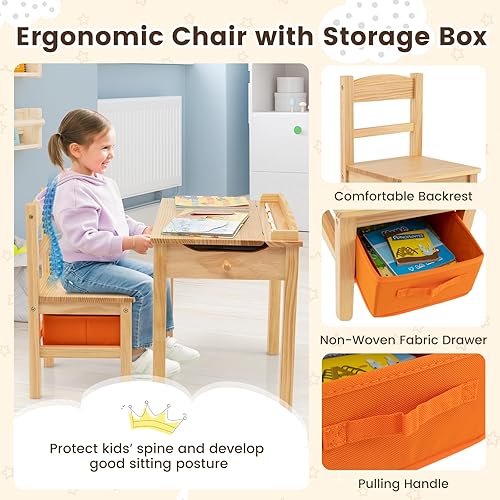 Miniatura 61 de HONEY JOY Juego de mesa y silla para niños, escritorio y silla de madera con cajón, soporte para rollo de papel y 2 rotuladores, juego de mesa de