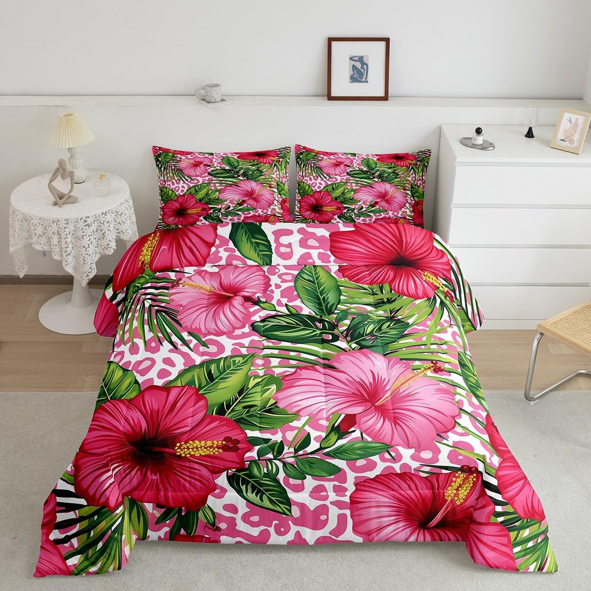 Erosebridal Hawaiian Plants Flowers Comforter Set Tropical Palm Leaves Twin Bedding Set Pink Leopard Print Bedding Comforter Sets Pink Hibiscus Floral Quilt Set for Kids Teen Adults Room Decor