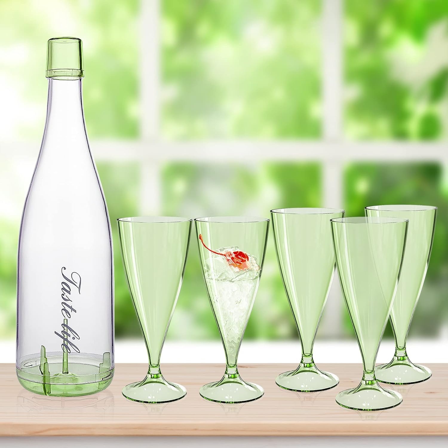 XIBO Plastic Wine Glass, Set of 5 Portable Wine Glasses Camping Champagne Glasses Plastic Reusable Wine Glasses with Storage Bottle and Drip Tray Stackable and Removable (Green) - Image 4 thumbnail
