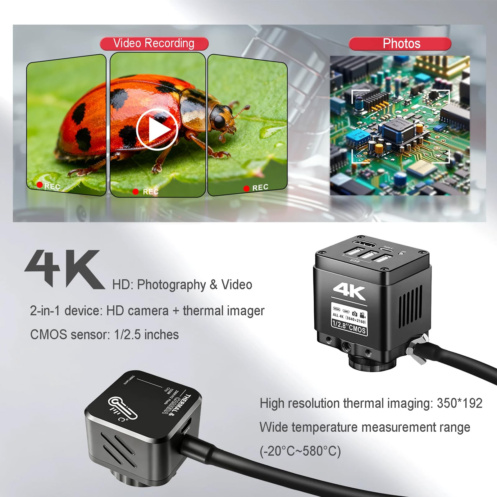 Microscopio digitale con HDMI 4K, lente d'ingrandimento 180x, immagini termiche, telecomando, acquisizione foto/video per riparazione elettronica e saldatura