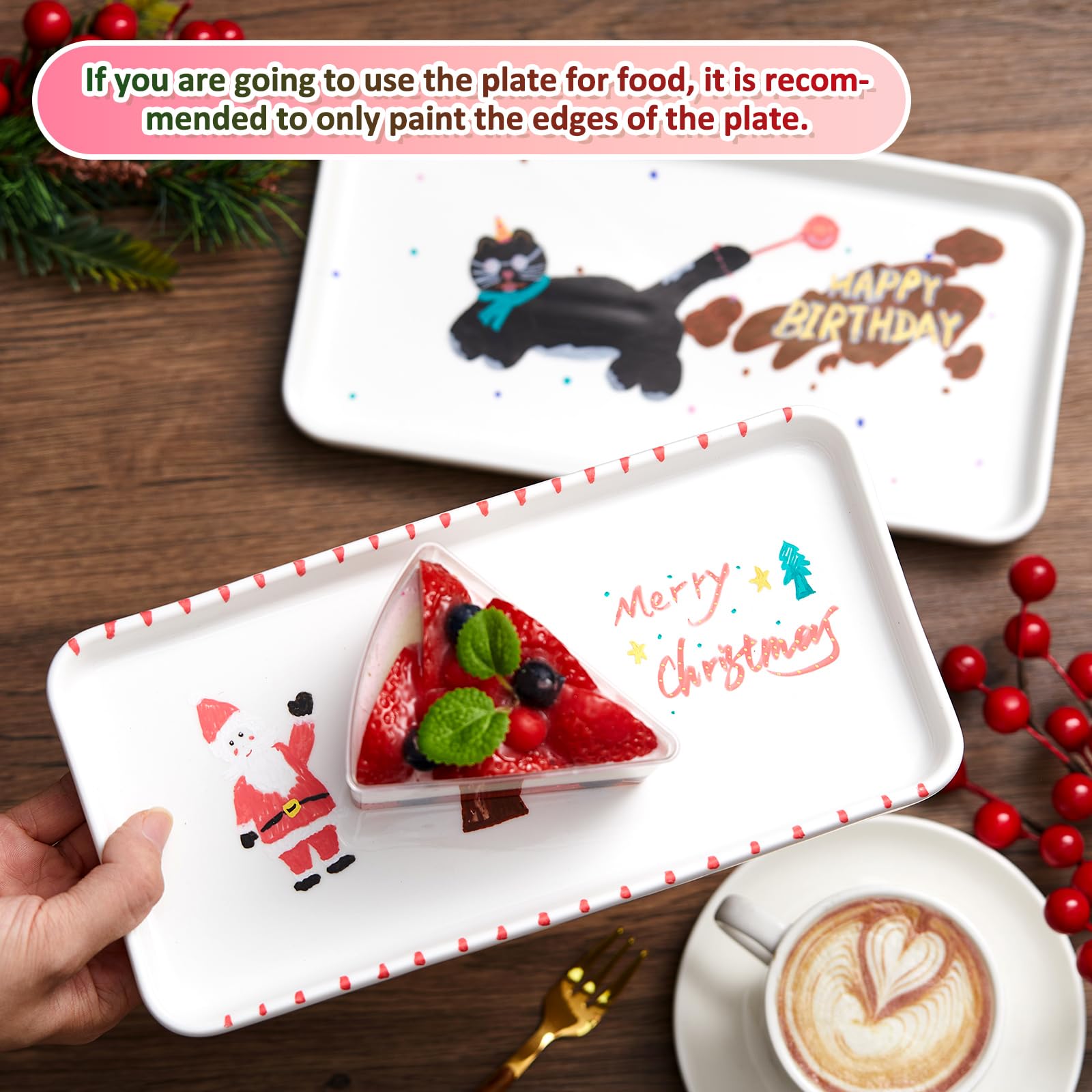 Sinmoe Set Pintura de Cerámica DIY 3 Platos de Cerámica Bandeja de Servir Blanca 12 Bolígrafos de Porcelana de Lavavajillas Caja de Regalo para Navidad Pareja Amigas Familia (Rectangular, 10 Pulgadas)