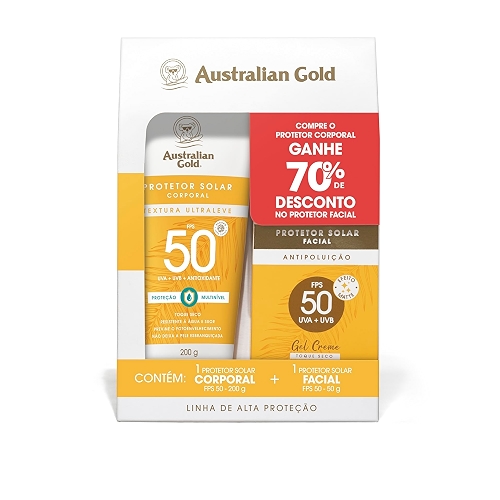 AUSTRALIAN GOLD PROMOPACK PROTETOR SOLAR GEL CREME CORPORAL/FACIAL FPS 50 200 G/ 50 G