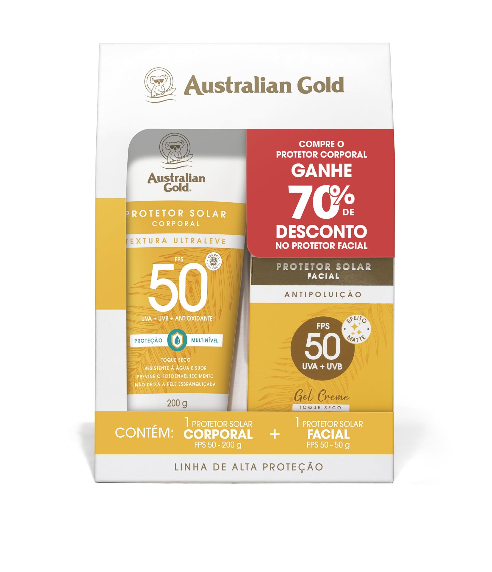 Cuidados Pós-Sol: Hidratação e Regeneração da Pele 4 Australian GoldPROMOPACK PROTETOR SOLAR GEL CREME CORPORAL/FACIAL FPS 50 200 G/ 50 G