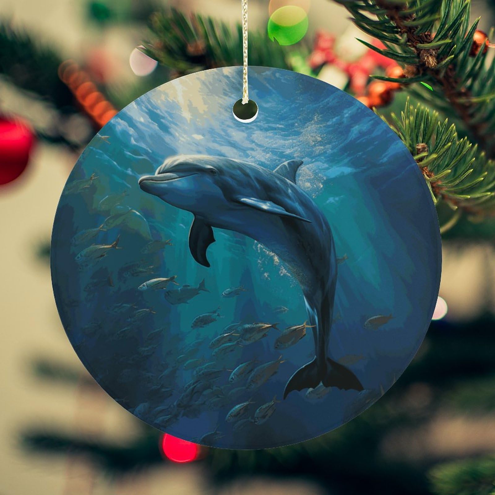 Dolphin in The Deep Ocean Christmas Ornament for Christmas Tree Ceramic Round Ornament Winter Holiday Keepsake Gift 2.7" Christmas Tree Hanging Decorations Circle Ceramic Pendant Xmas Gift