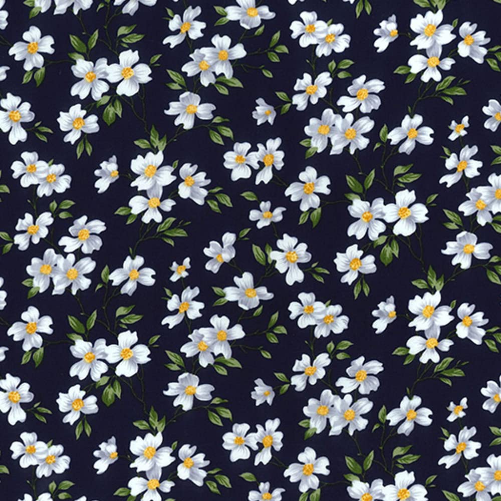 100% Cotton Poplin Fabric Daisies Daisy Floral Malpas Drive - per metre (Navy)