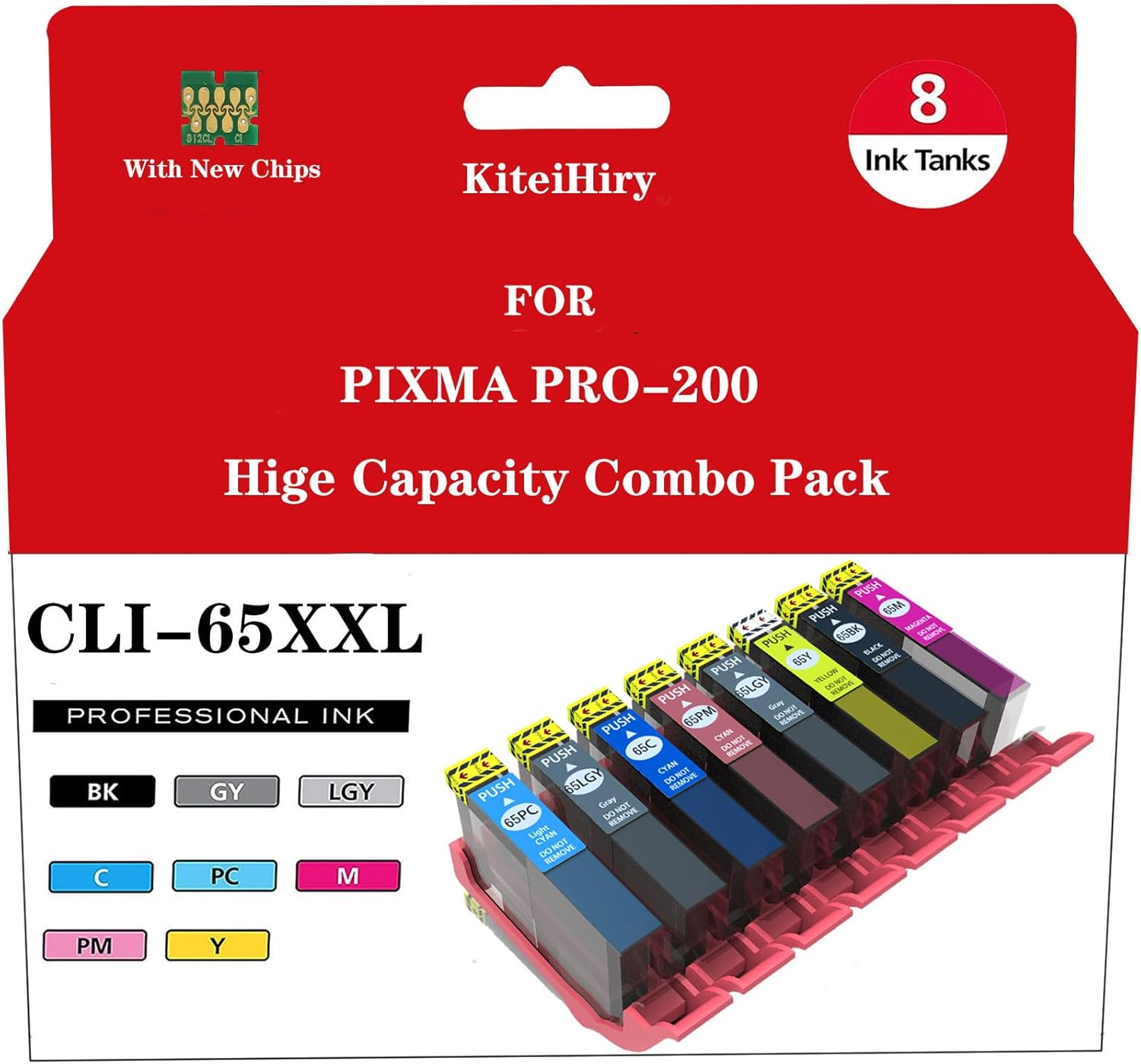 CLI 65 Ink Cartridges for PRO 200 Printer High Capacity Remanufactured for PIXMA PRO-200 Printer CLI-65 8 Color Pack (1BK 1C 1M 1Y 1PM 1PC 1GY 1LGY)
