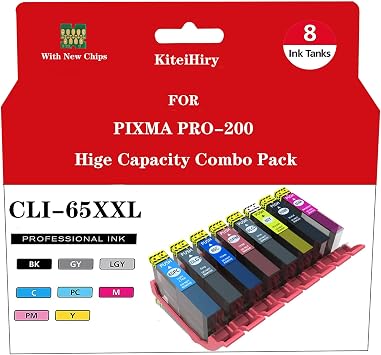 CLI-65 Ink Cartridges - Compatible with Canon - for PRO-200 - High Capacity Remanufactured - 8 Color Pack 1BK 1C 1M 1Y 1PM 1PC 1GY 1LGY