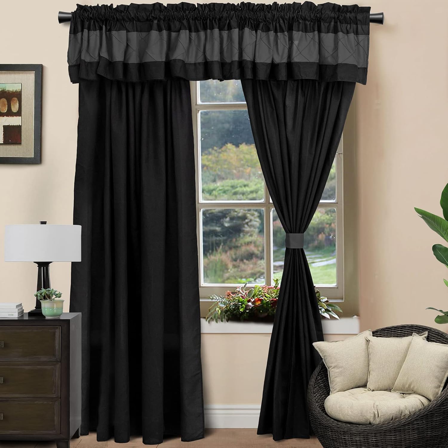 P Pothuiny 5Piece Modern Window Curtain Set, Light Filtering Pintuck Design