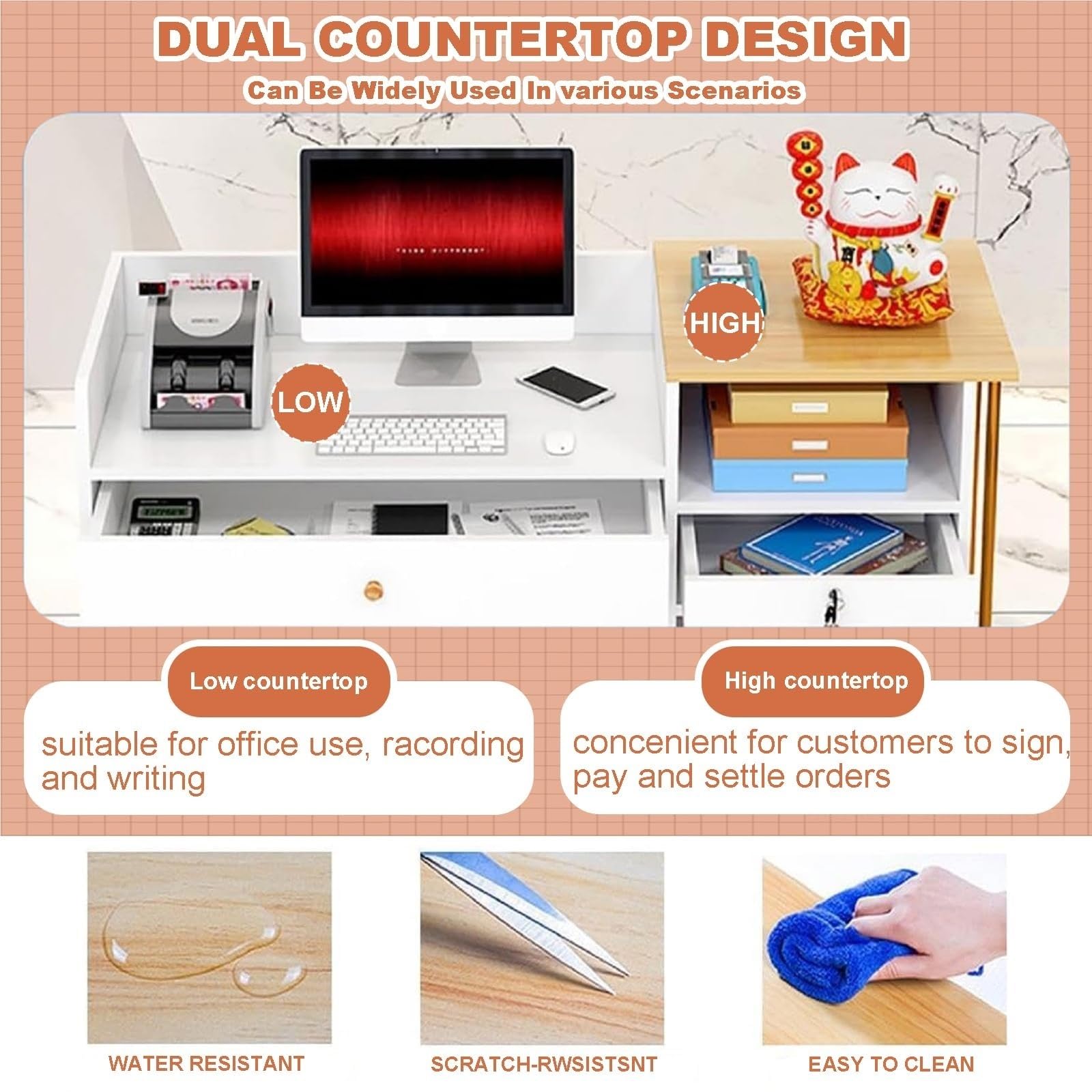 JingNian Comptoir de Réception Bois et Blanc, Meuble d’Accueil Moderne pour Bureau et Magasin, Table de Réception Stable avec Grand Plan de Travail(Warm White,120cm)
