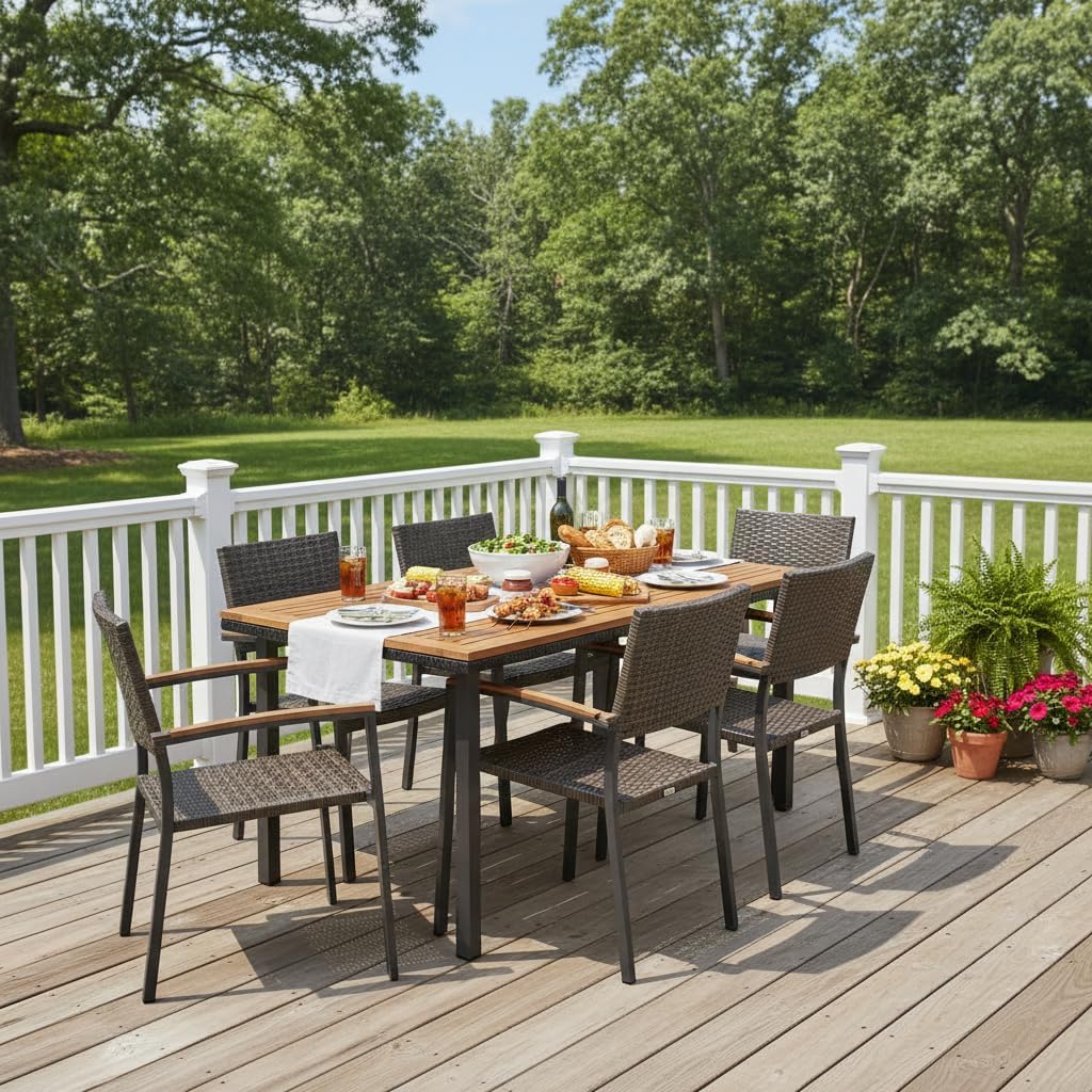 Tangkula 55 Inches Acacia Wood Patio Dining Table for 6, Rectangle Outdoor Dining Table with Metal Frame and Umbrella Hole, 6-Person Outside Table for Patio, Garden, Yard