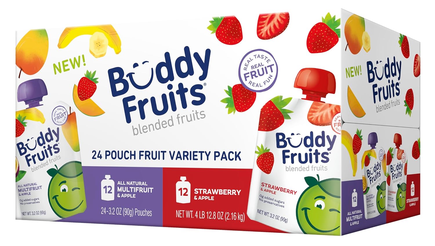 Buddy Fruits Pure Blended Fruit Snack To Go Variety Pack, Multifruit & Strawberry Applesauce 3.2oz (Pack of 24) | 100% Real Fruit | No Sugar, Non GMO, Vegan, Gluten Free, No Preservatives, BPA Free, Certified Kosher