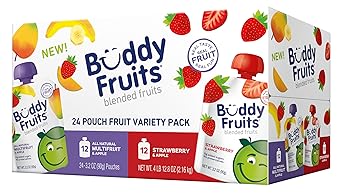 Buddy Fruits Pure Blended Fruit Snack To Go Variety Pack, Multifruit & Strawberry Applesauce 3.2oz (Pack of 24) | 100% Real Fruit | No Sugar, Non GMO, Vegan, Gluten Free, No Preservatives, BPA Free, Certified Kosher